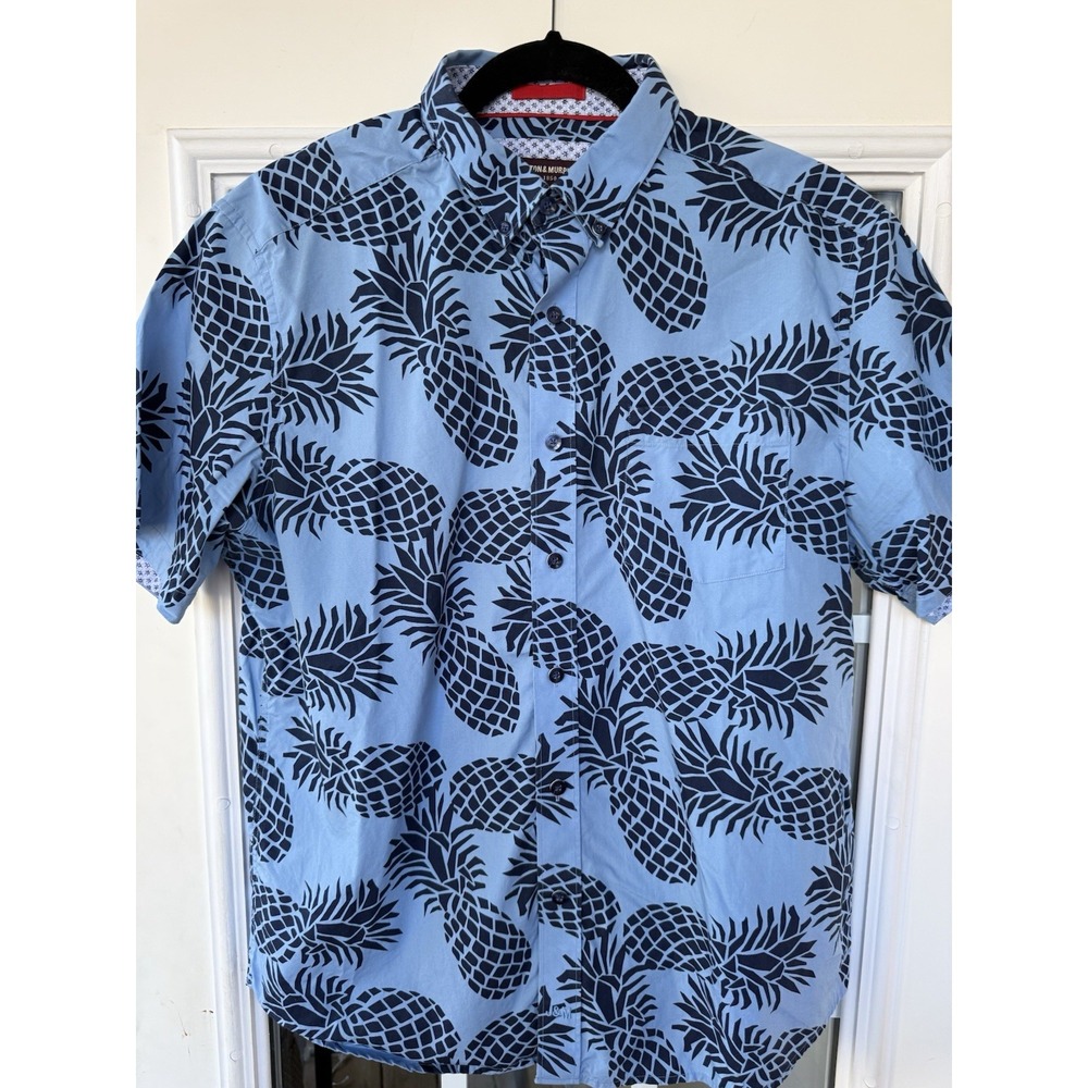 Johnston & Murphy Men M Button Up Shirt Pineapple Print Blue Beach Spr Break
